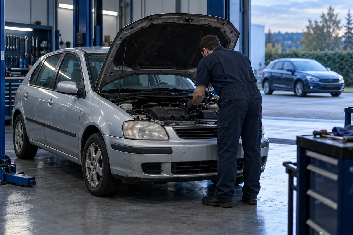 Mechanic inspecting an older car in a repair shop, with another car visible outside