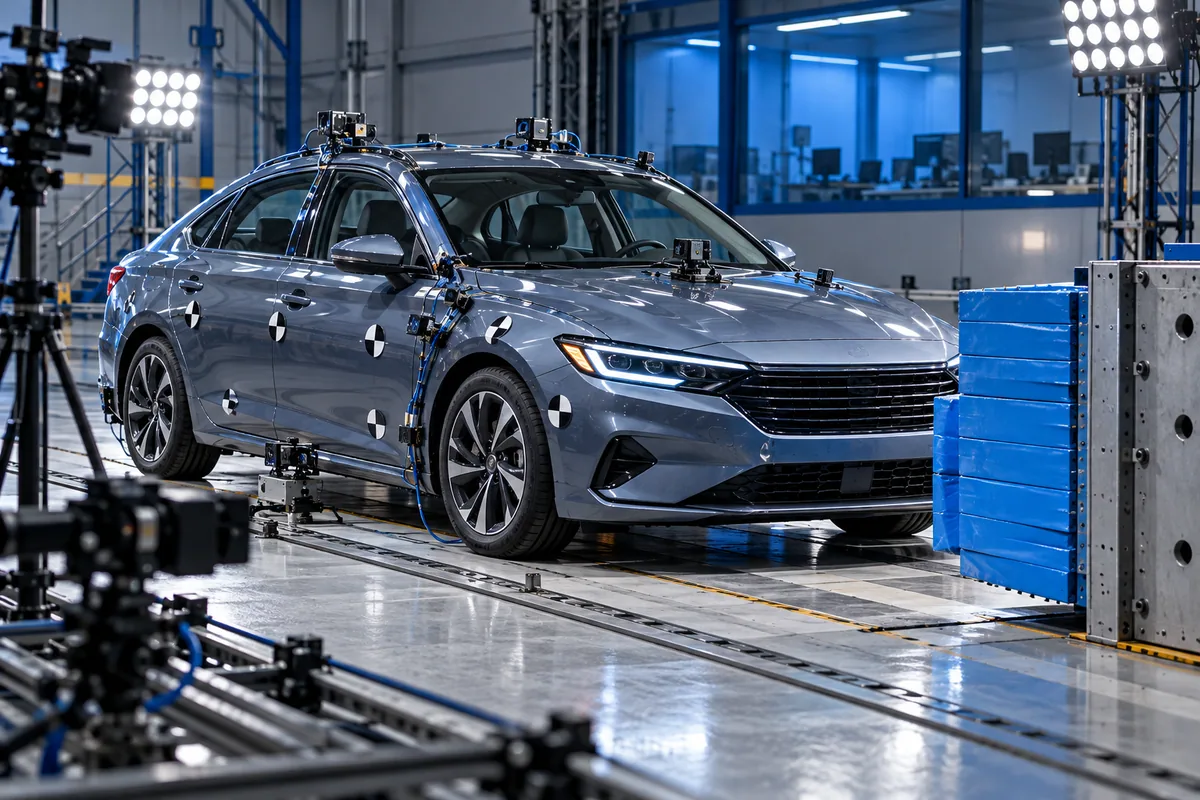 Conceptual illustration of an unbranded car in a controlled vehicle safety testing facility.