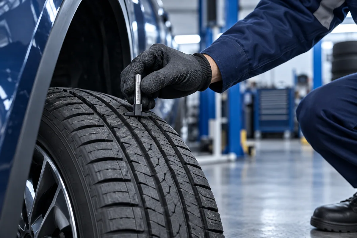 Conceptual illustration of a technician checking tire tread with a gauge in a tire shop.