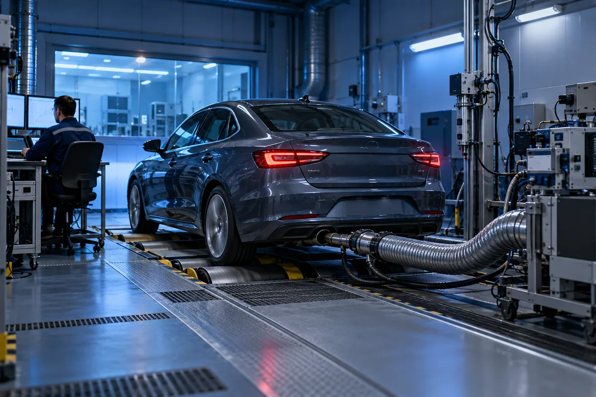 Conceptual illustration of an unbranded vehicle on a chassis dynamometer in an emissions testing laboratory.