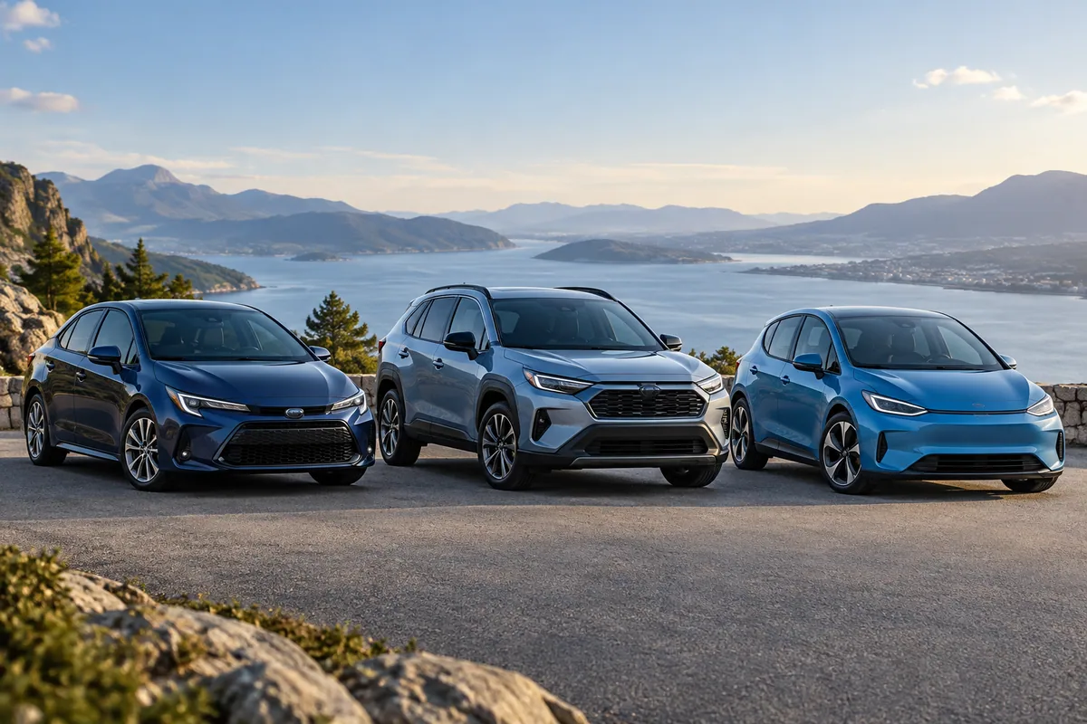 Hybrid sedan, plug-in hybrid crossover, and electric hatchback parked side by side.