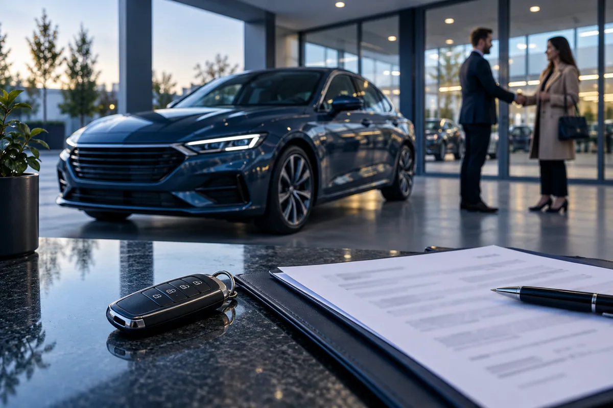 Car key and blurred paperwork beside an unbranded sedan at a dealership, illustrating lease costs.