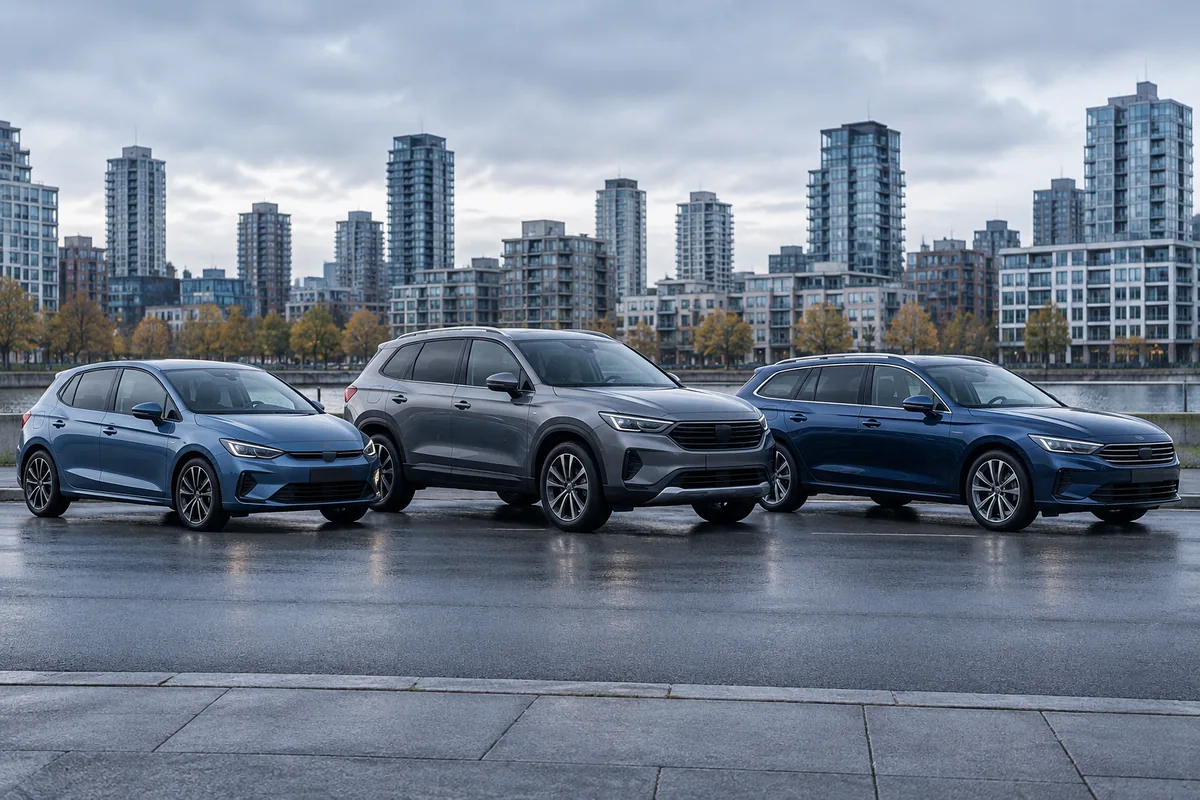 Compact hatchback, wagon, and SUV parked in a row to compare vehicle sizes.