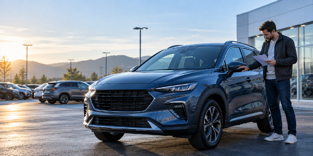 Car buyer reviewing a checklist beside an unbranded blue crossover at a dealership.