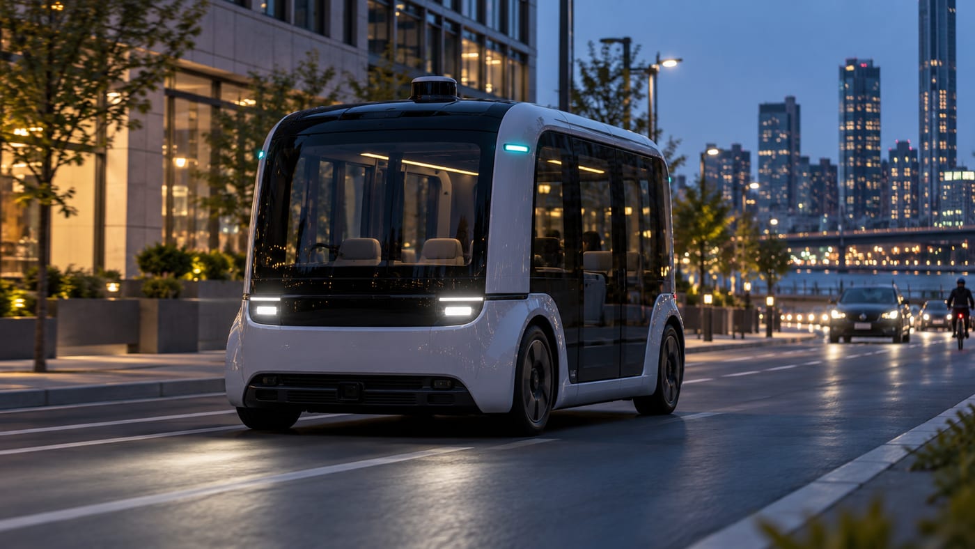Unbranded autonomous vehicle showing an exterior cyan marker light at dusk