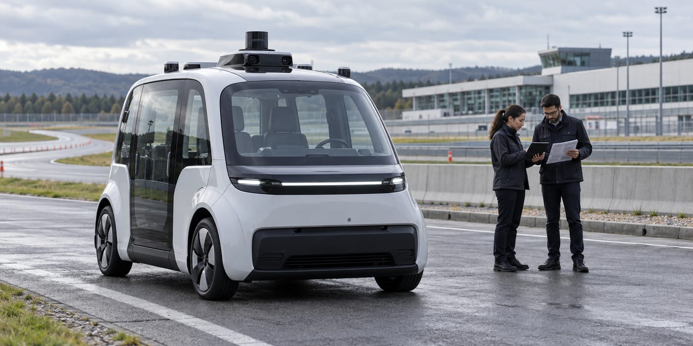 Unbranded autonomous electric taxi prototype at a vehicle proving ground