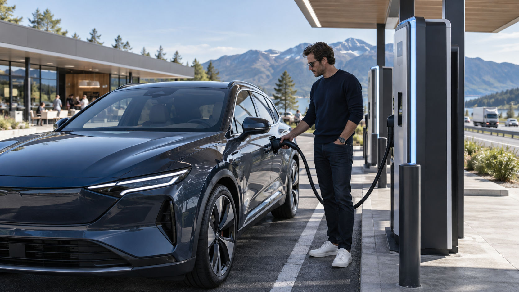 Electric vehicle connected to a public DC fast charging station
