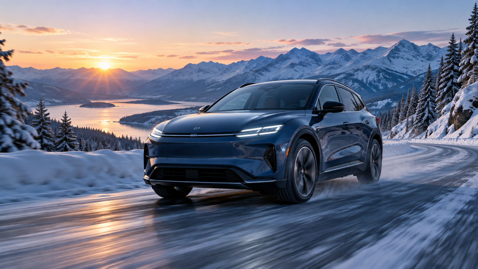 Electric crossover driving on a snow-lined winter road