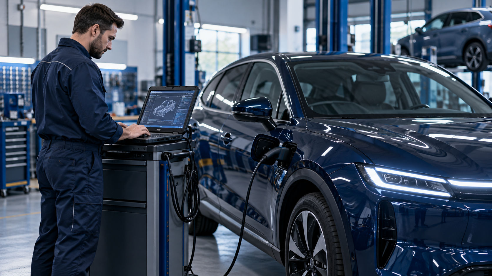 Diagnostic inspection of a used electric vehicle at a workshop