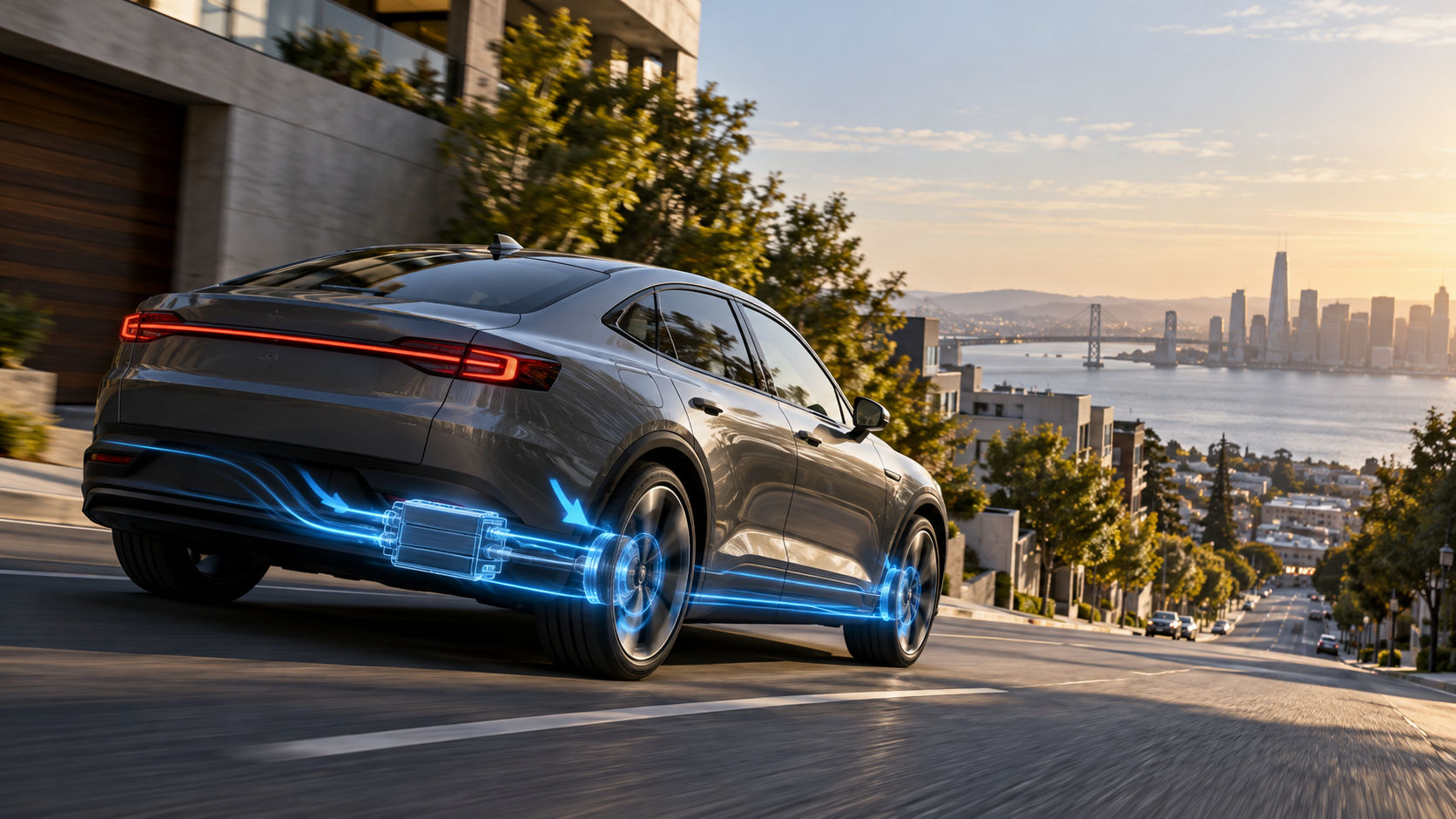 Electric car descending a slope with a subtle energy-recovery visual
