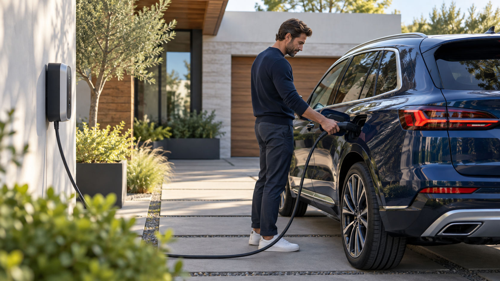 Plug-in hybrid parked at home and connected to a charging cable