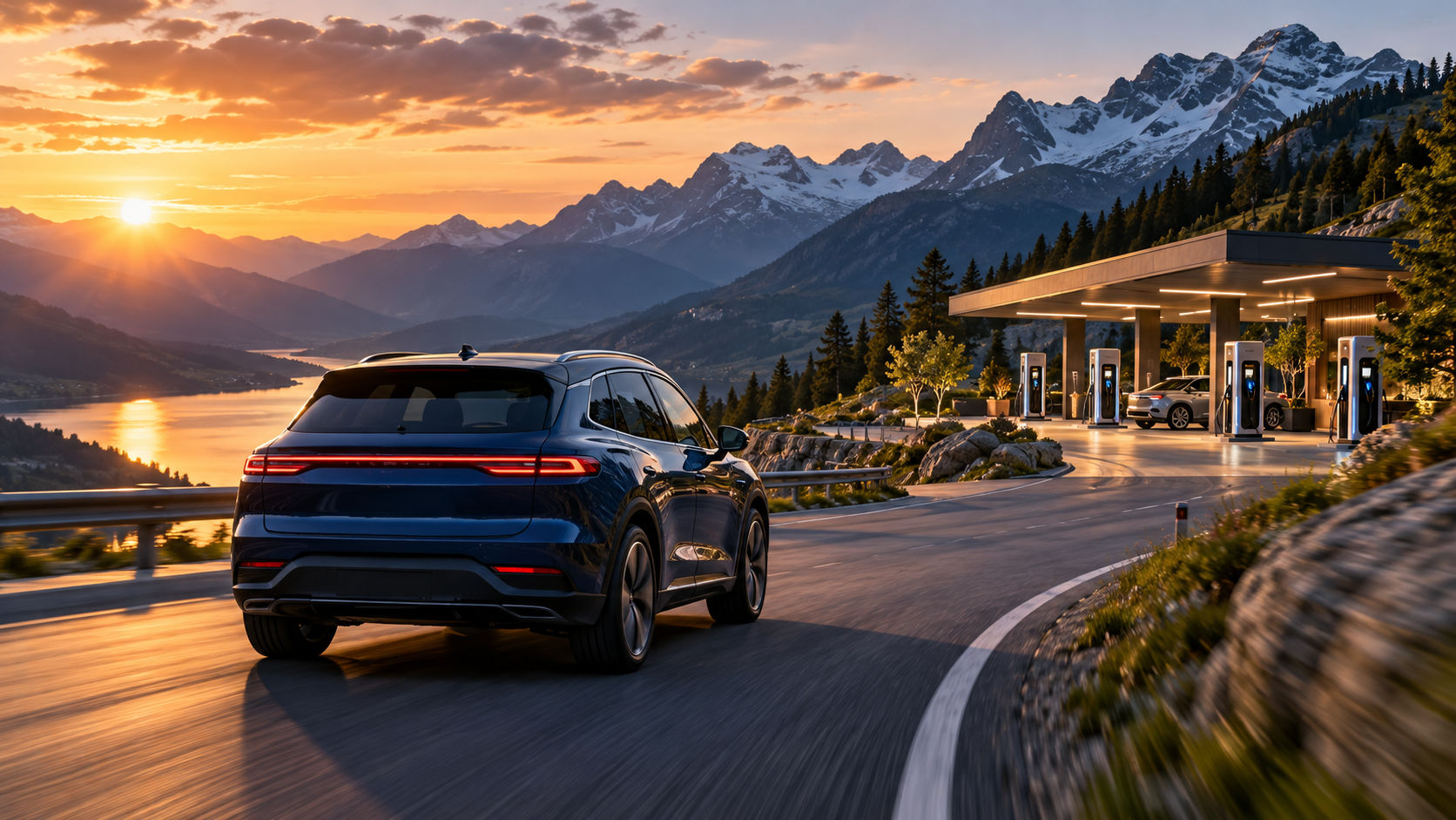 Electric car approaching a roadside charging plaza on a mountain road trip