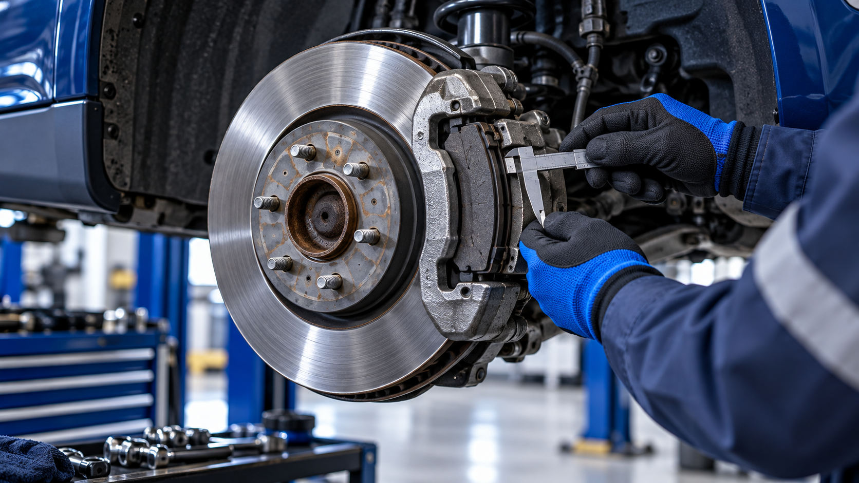 A technician measures brake pad thickness beside a car brake rotor.