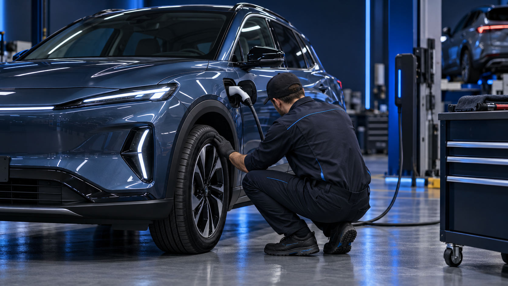 A technician checks the tire of an electric car in a modern service bay beside its charging cable.