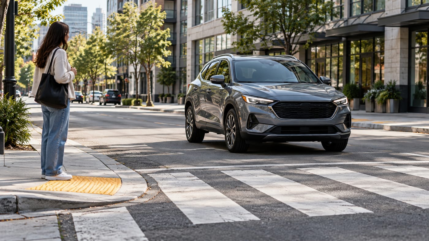 Unbranded crossover approaching a marked city crosswalk during daylight